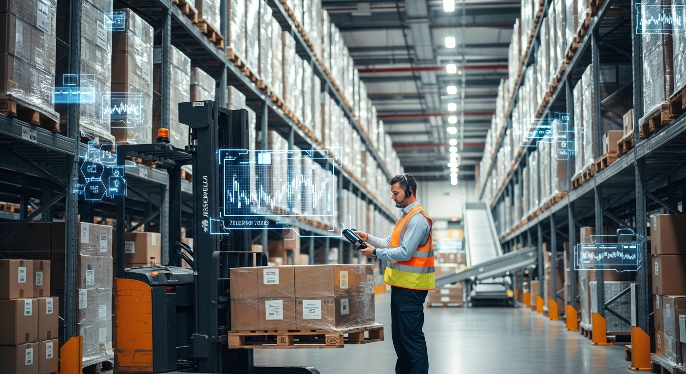 Operador de empilhadeira escaneando caixas em centro de distribuição moderno