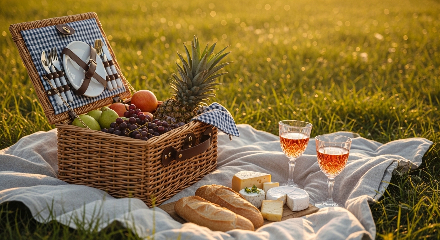 Piquenique ao pôr do sol com frutas, queijos e vinho em gramado verde