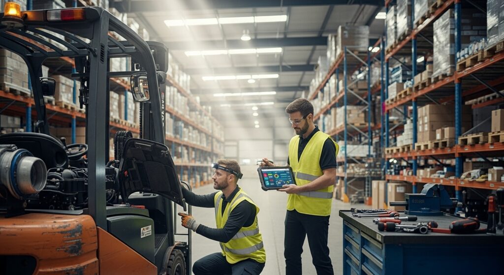 Técnicos realizando manutenção em empilhadeira no armazém