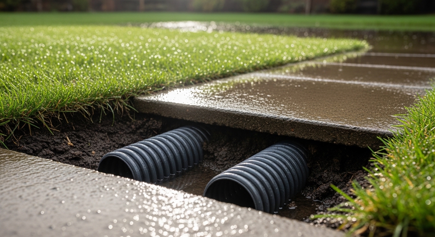 Tubo dreno corrugado 100mm drenando água de chuva de um quintal alagado
