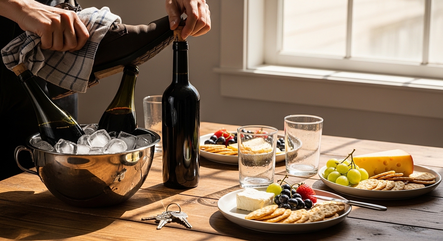 Mesa improvisada com vinho aberto sem saca-rolha e petiscos variados