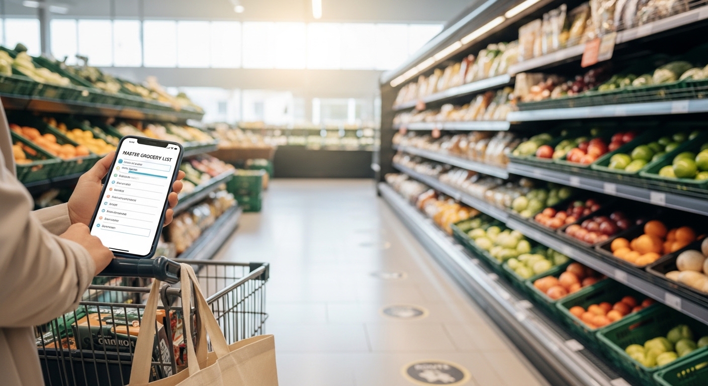 Compras de supermercado com lista no smartphone e sacolas reutilizáveis