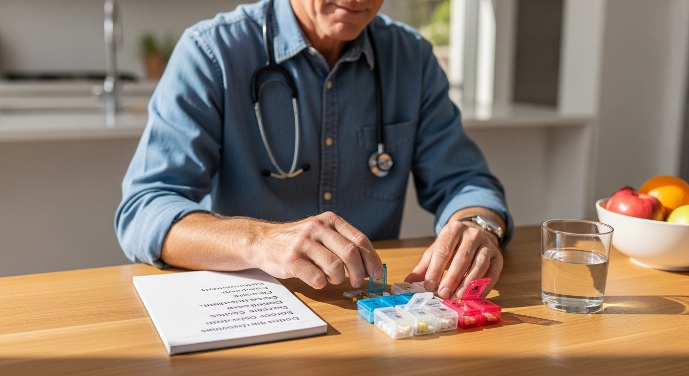 Homem de meia-idade organizando remédios e suplementos na cozinha iluminada