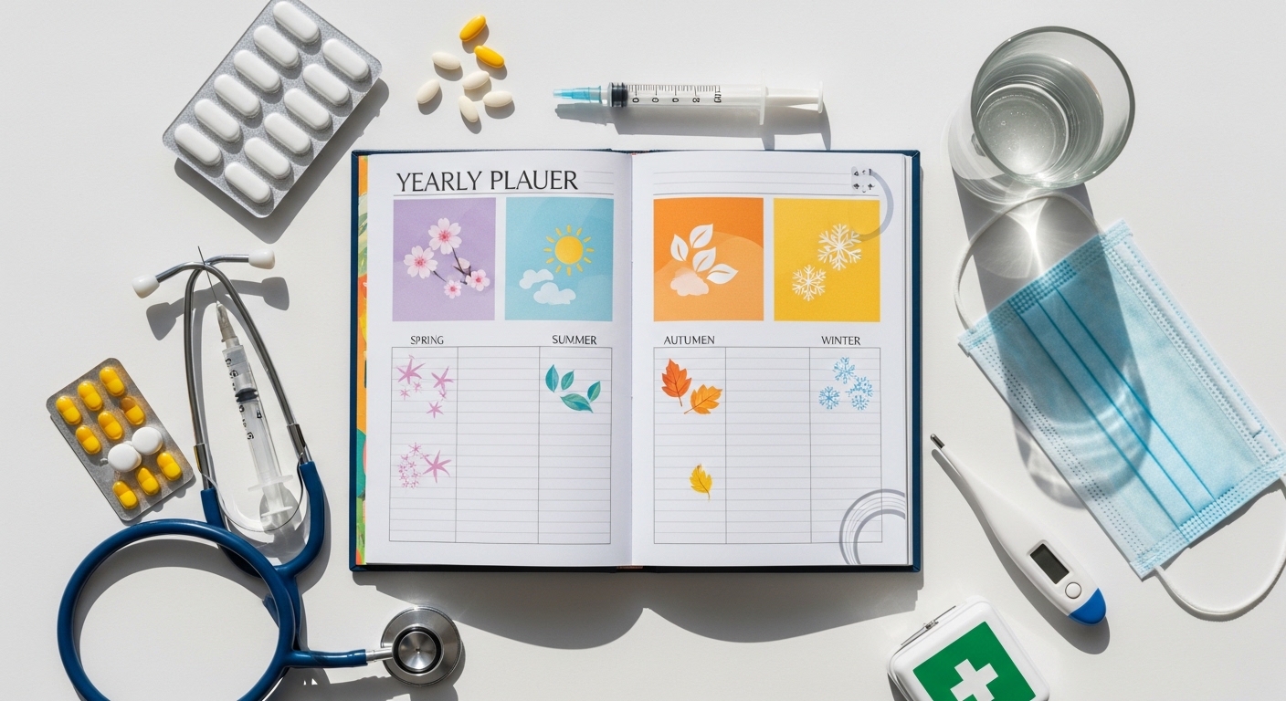 Mesa de planejamento de saúde por estações com itens médicos organizados