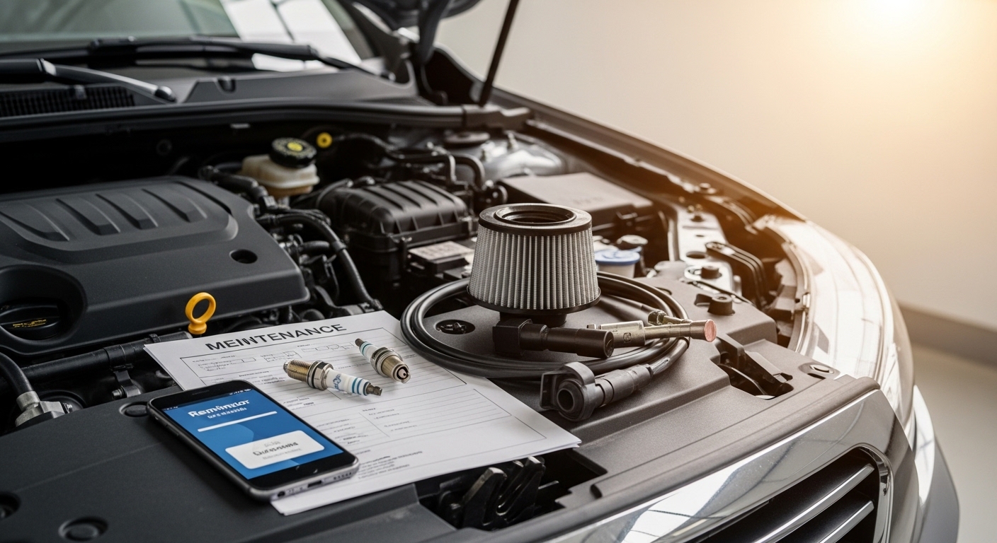 Checklist de manutenção ao lado de motor aberto e celular com lembrete