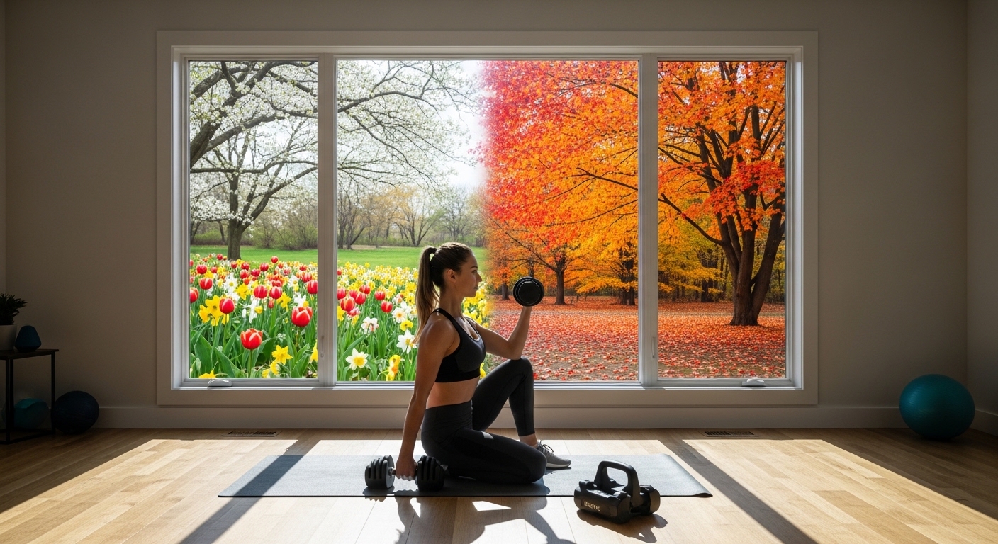 Mulher se exercitando em casa com halteres e tapete diante de janela com paisagem sazonal
