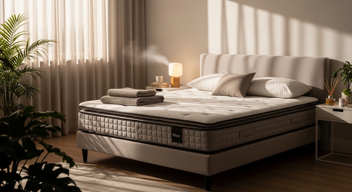 Quarto acolhedor com cama box e luz suave ao amanhecer