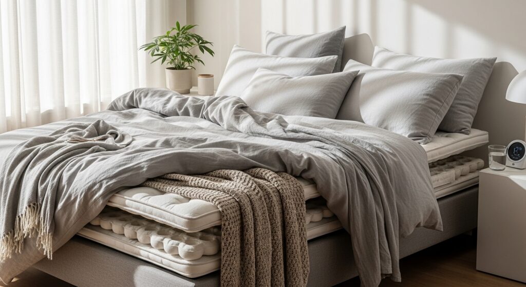 Cama com lençóis respiráveis e colchão de molas ensacadas em ambiente iluminado