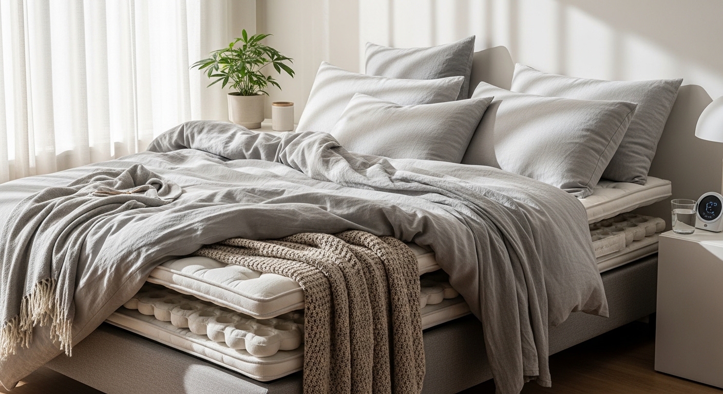 Cama com lençóis respiráveis e colchão de molas ensacadas em ambiente iluminado