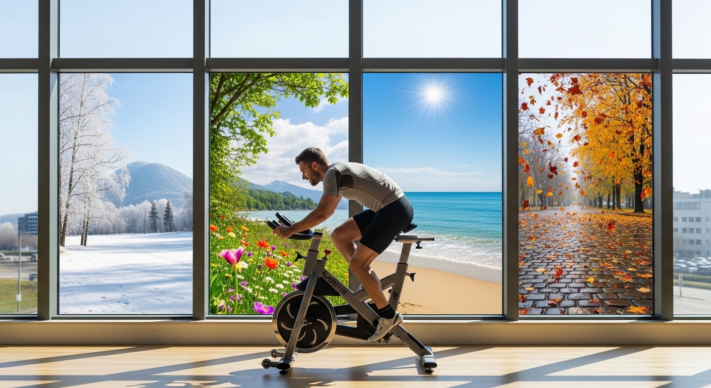 Pessoa treinando em bicicleta indoor com paisagens das quatro estações ao fundo