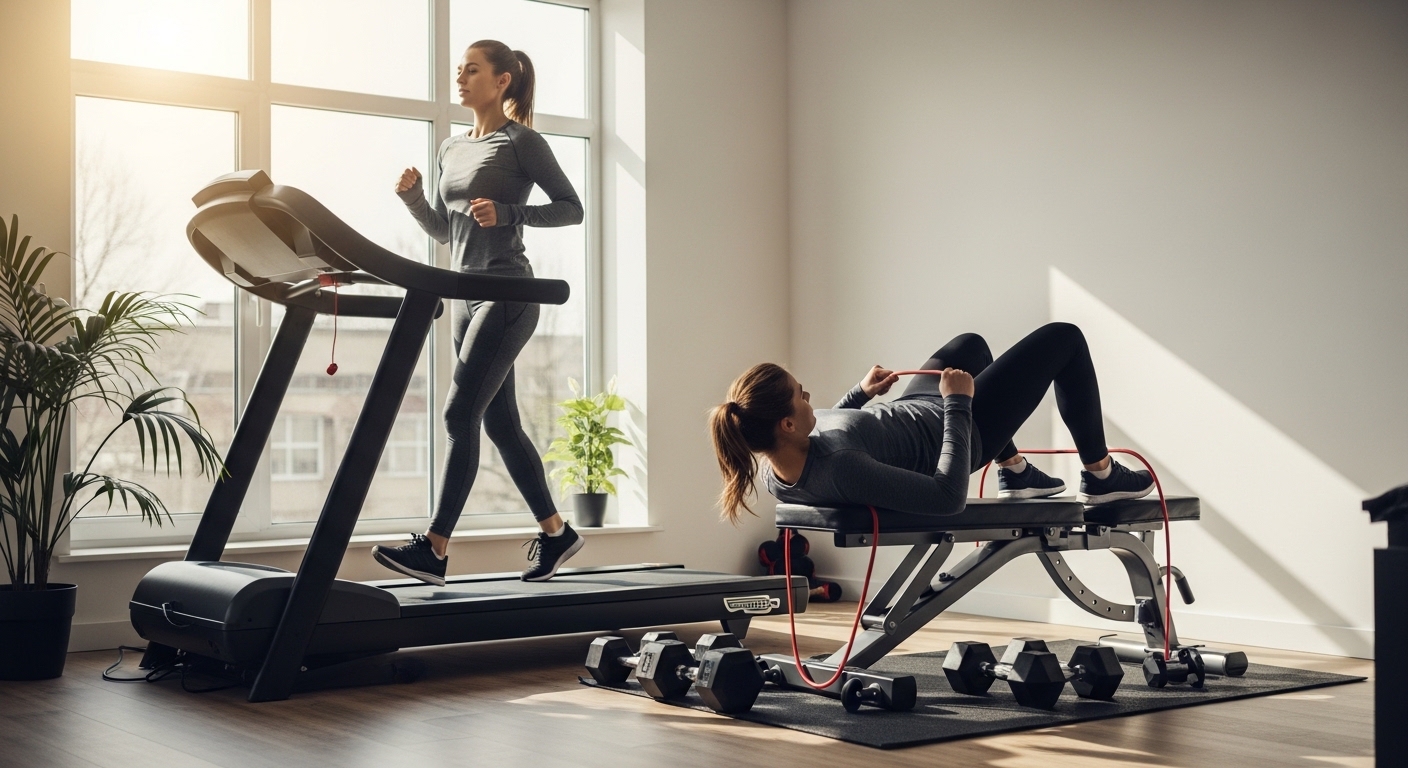 Mulher treinando em casa no inverno na esteira e fazendo exercício de glúteo
