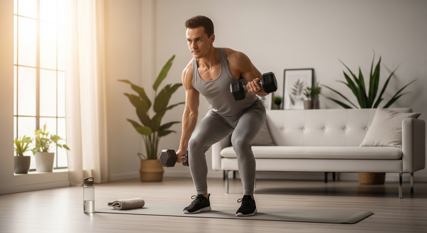 Pessoa fazendo exercício com halteres em casa