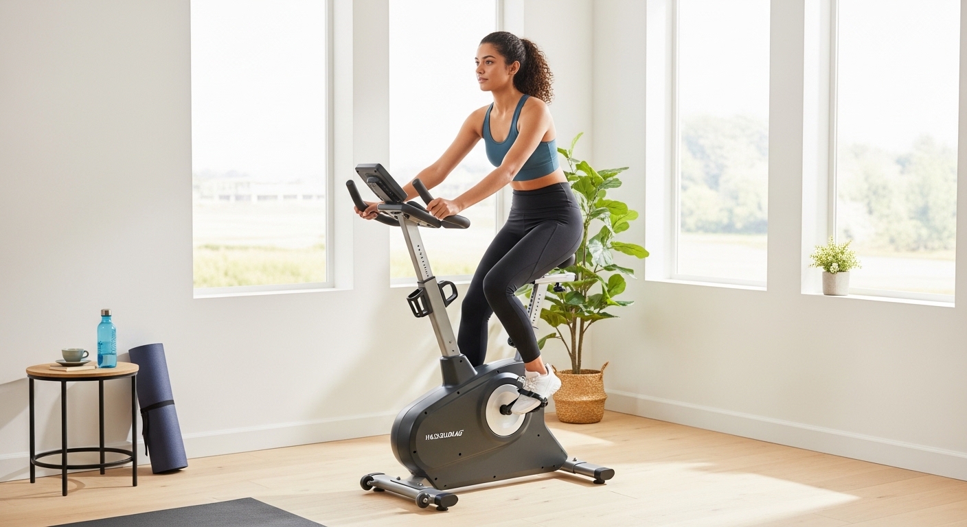Mulher treinando baixo impacto em bicicleta ergométrica em sala iluminada