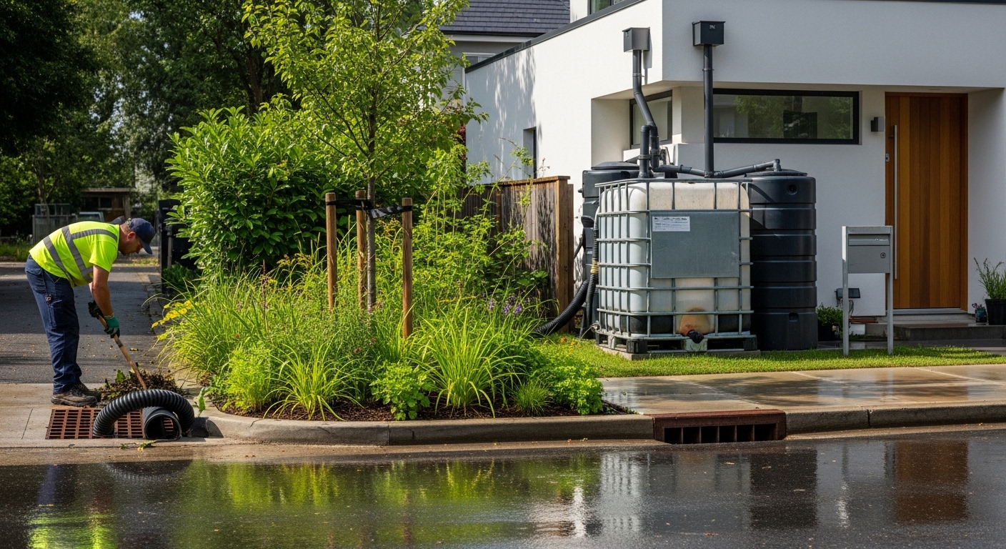 Rua residencial com jardim de chuva, reservatório modular e limpeza de bueiro em dia de chuva