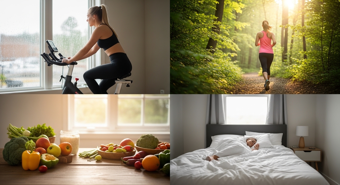 Colagem fotorealista de atividades, alimentação e descanso adaptados às estações