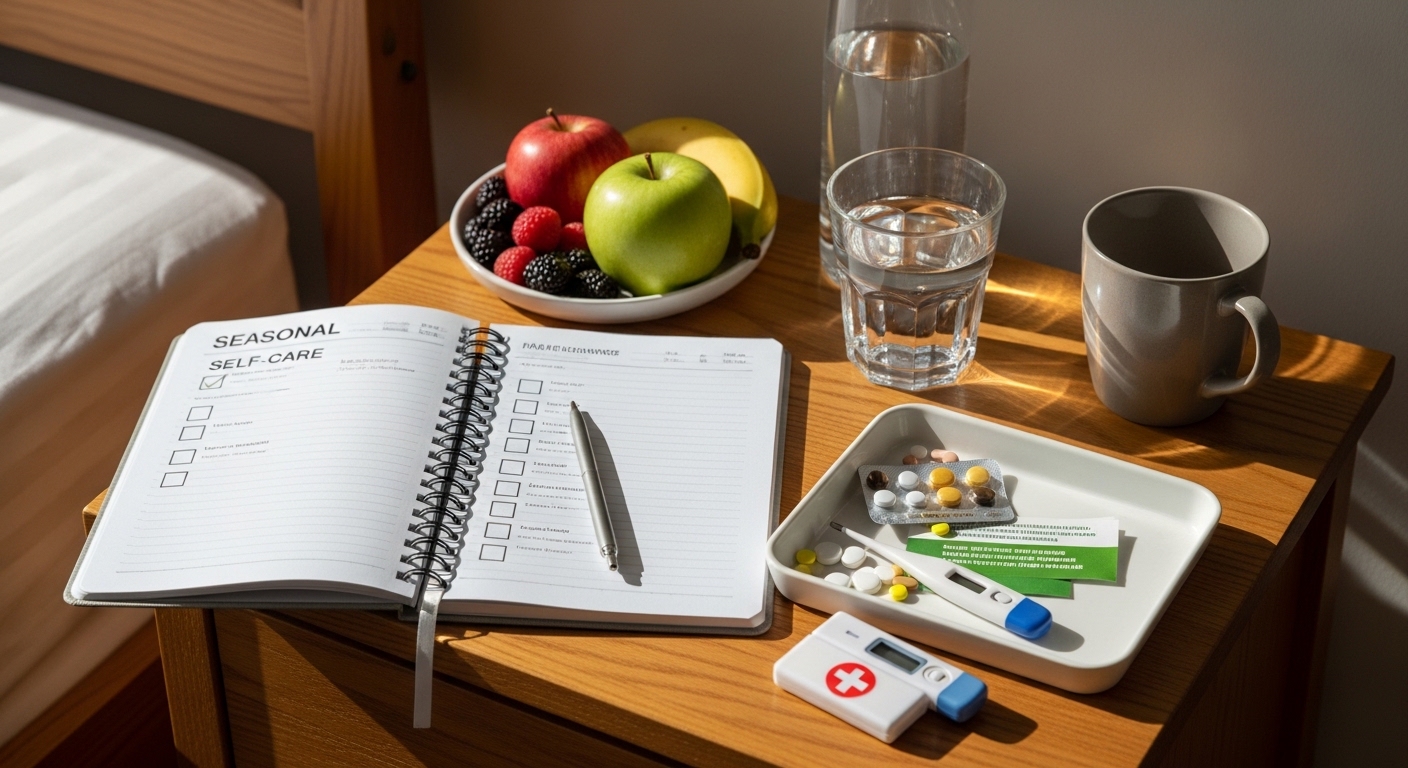 Mesa de cabeceira com checklist de autocuidado sazonal, copo de água, frutas e remédios