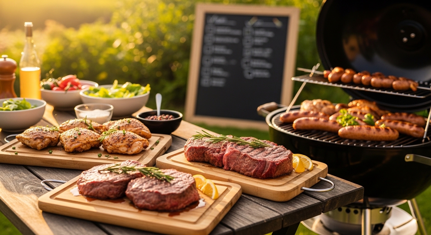 Churrasco ao ar livre com carnes variadas e decoração sazonal