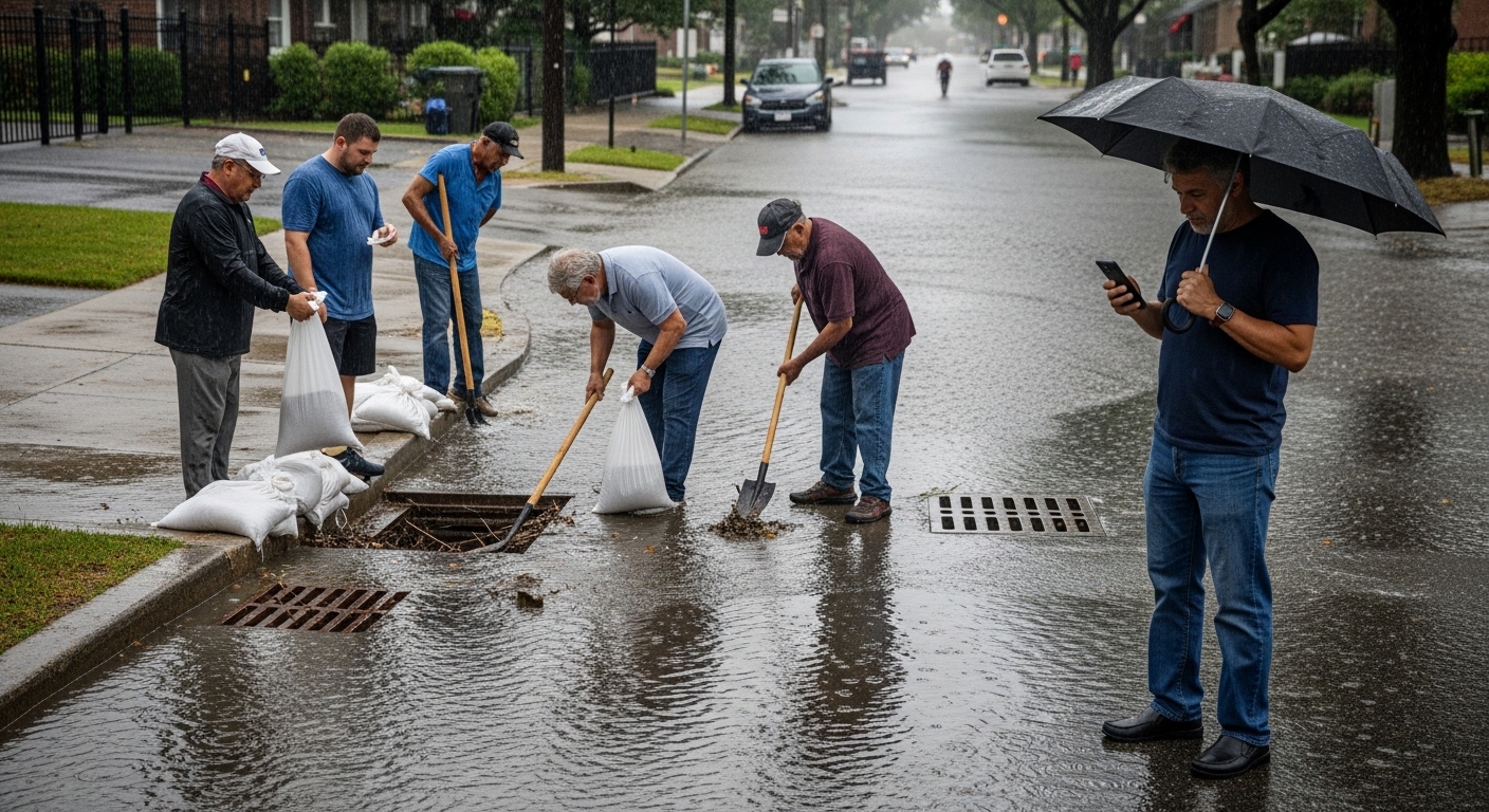 Vizinho colocando saco de areia em rua alagada durante chuva forte
