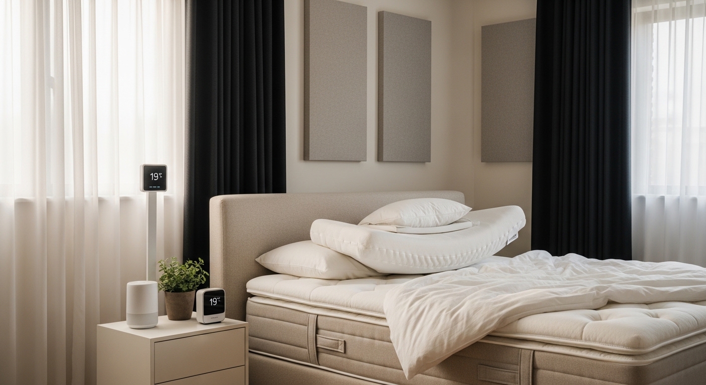 Quarto minimalista com cama box ergonômica e luz natural suave