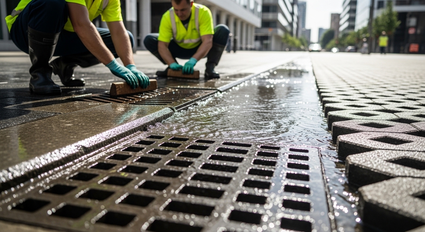 Técnicos limpando bueiro em calçada permeável após chuva