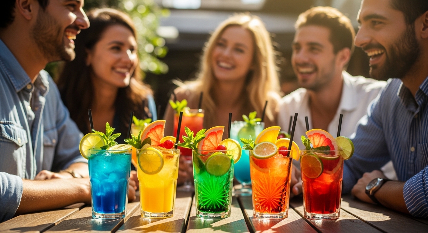 Amigos brindando com drinks sem álcool e energético em um bar ao ar livre