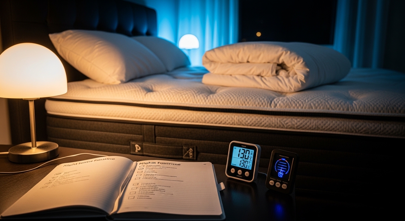 Quarto moderno à noite com cama, checklist e medidores de ambiente