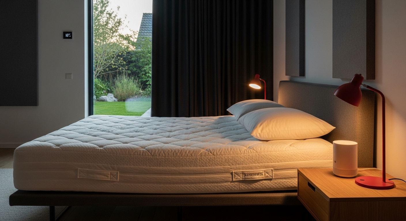 Quarto minimalista com cama de casal ergonômica, cortinas blackout e máquina de ruído branco.