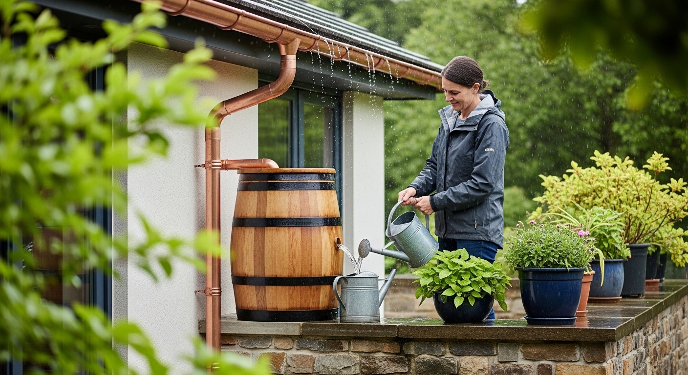 Casa sustentável com caixa coletora de água de chuva e plantas sendo regadas