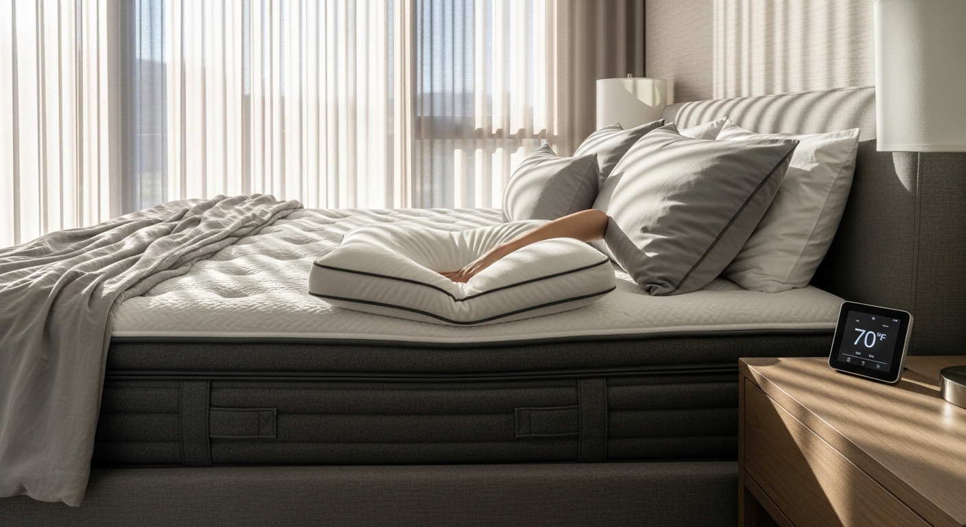 Quarto moderno iluminado com cama de casal e colchão confortável