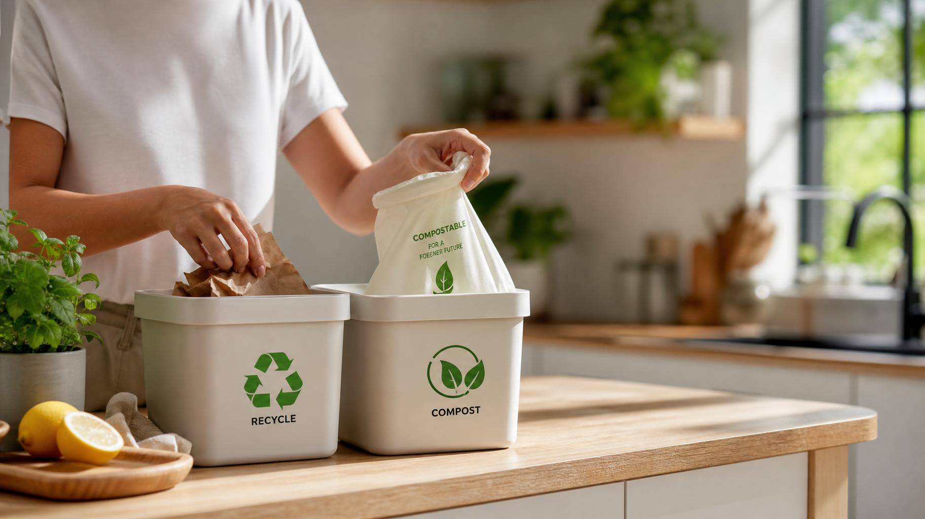 Mãos organizando sacos recicláveis e compostáveis em cozinha minimalista iluminada