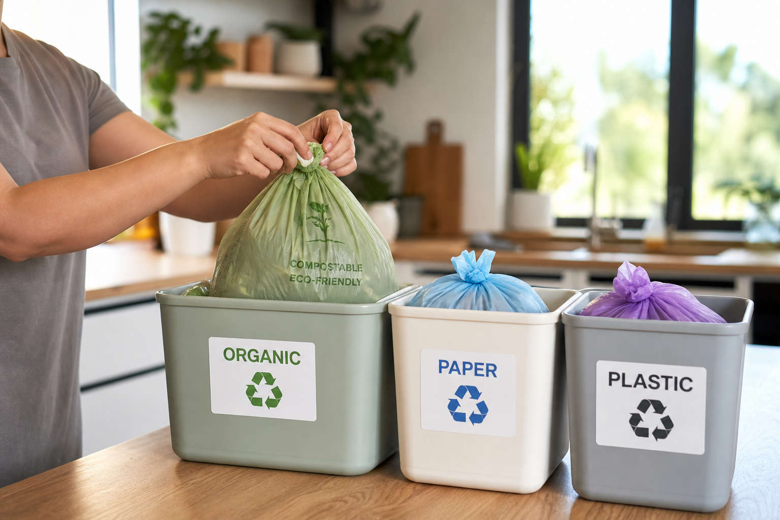 Pessoa separando lixo doméstico em sacos apropriados para reciclagem na cozinha