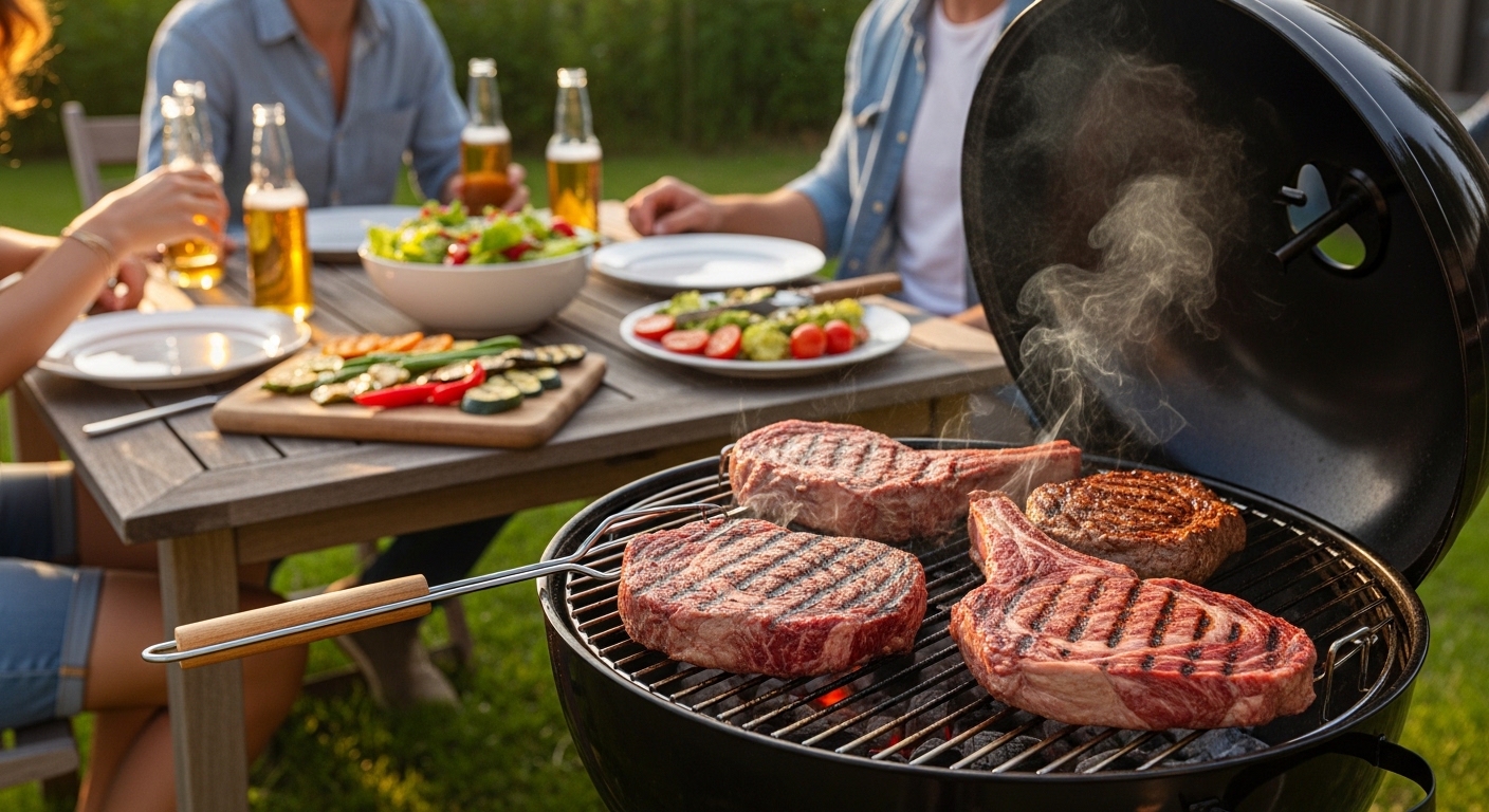 Churrasco ao ar livre com carnes suculentas, acompanhamentos e amigos aproveitando o dia ensolarado.