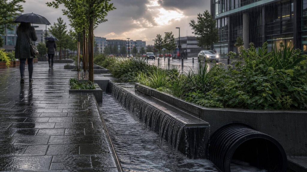 Rua urbana com pavimento permeável, jardim de chuva e tubulação de 400mm durante chuva intensa