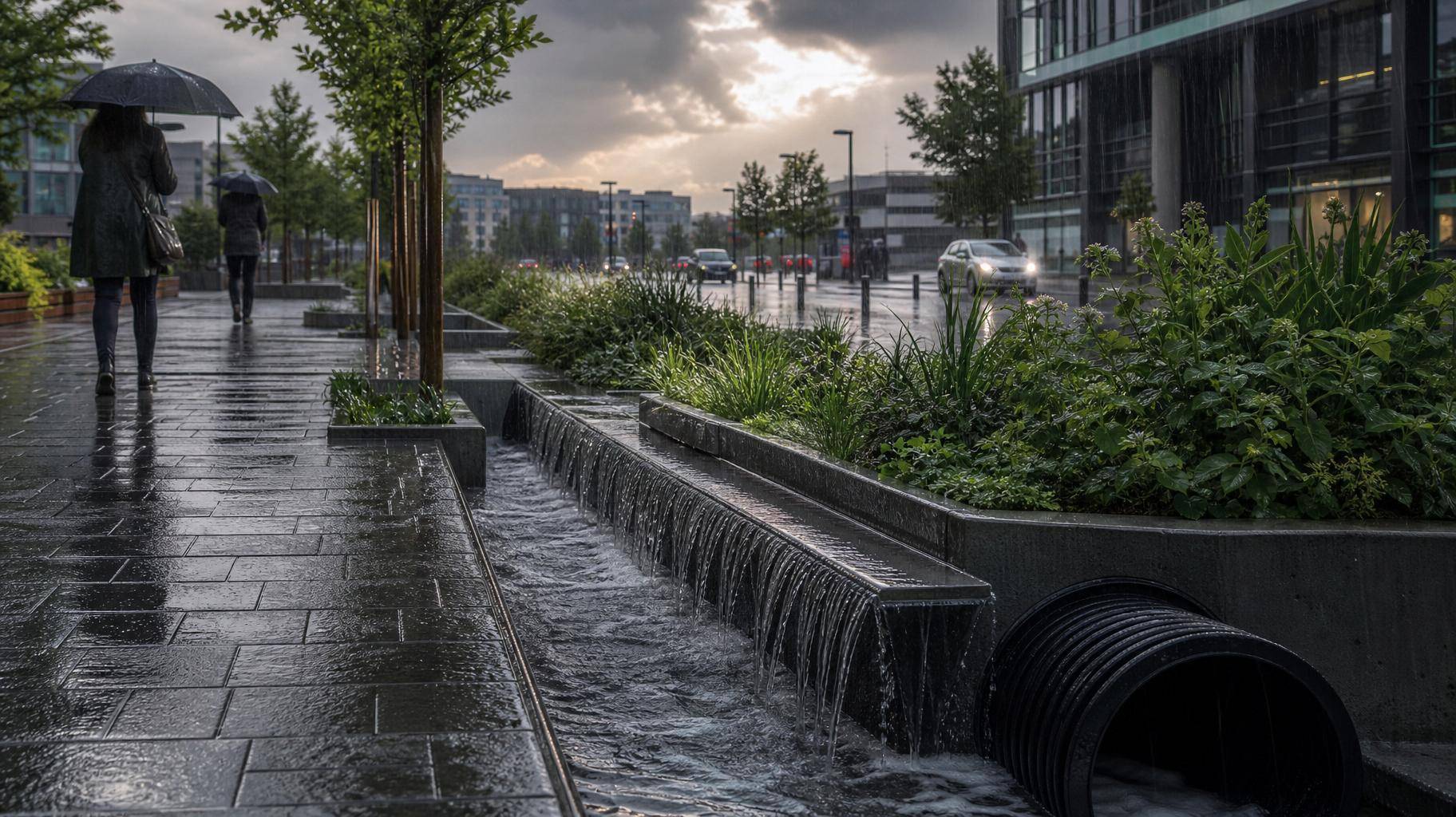 Rua urbana com pavimento permeável, jardim de chuva e tubulação de 400mm durante chuva intensa