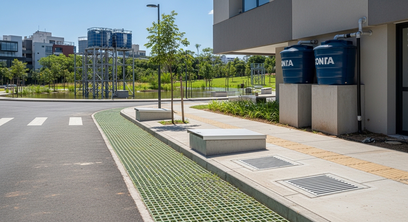 Infraestrutura urbana de gestão de água em cidade brasileira com drenagem e reservatórios pluviais.