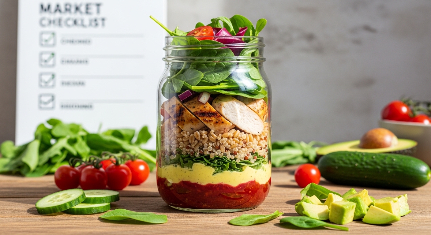 Salada em pote com camadas de folhas verdes, grãos e proteína