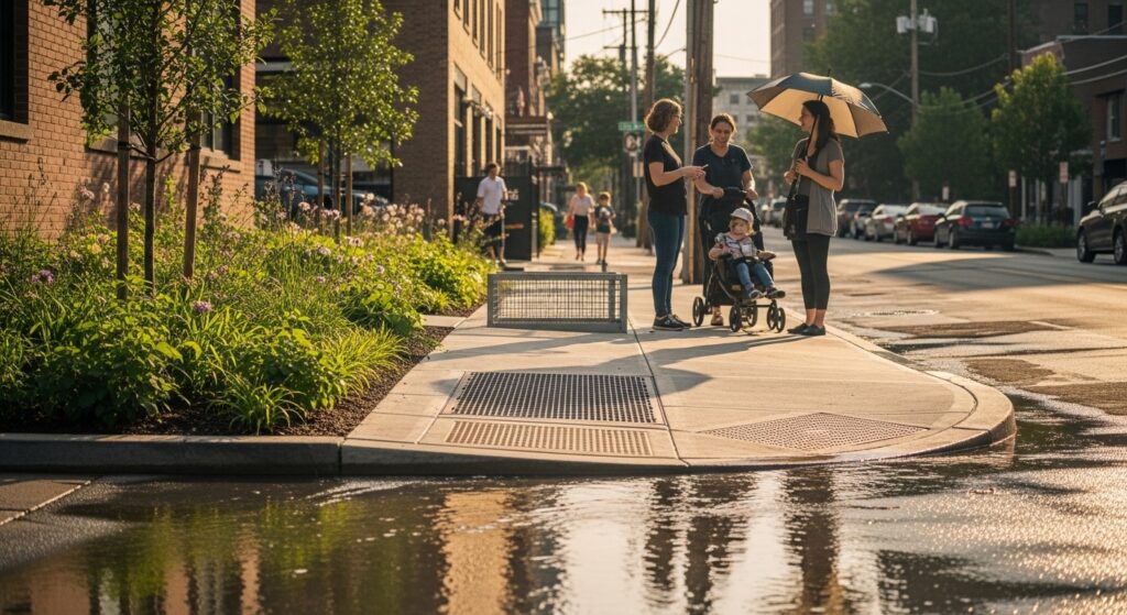 Rua urbana após chuva com pavimento permeável e jardim de chuva