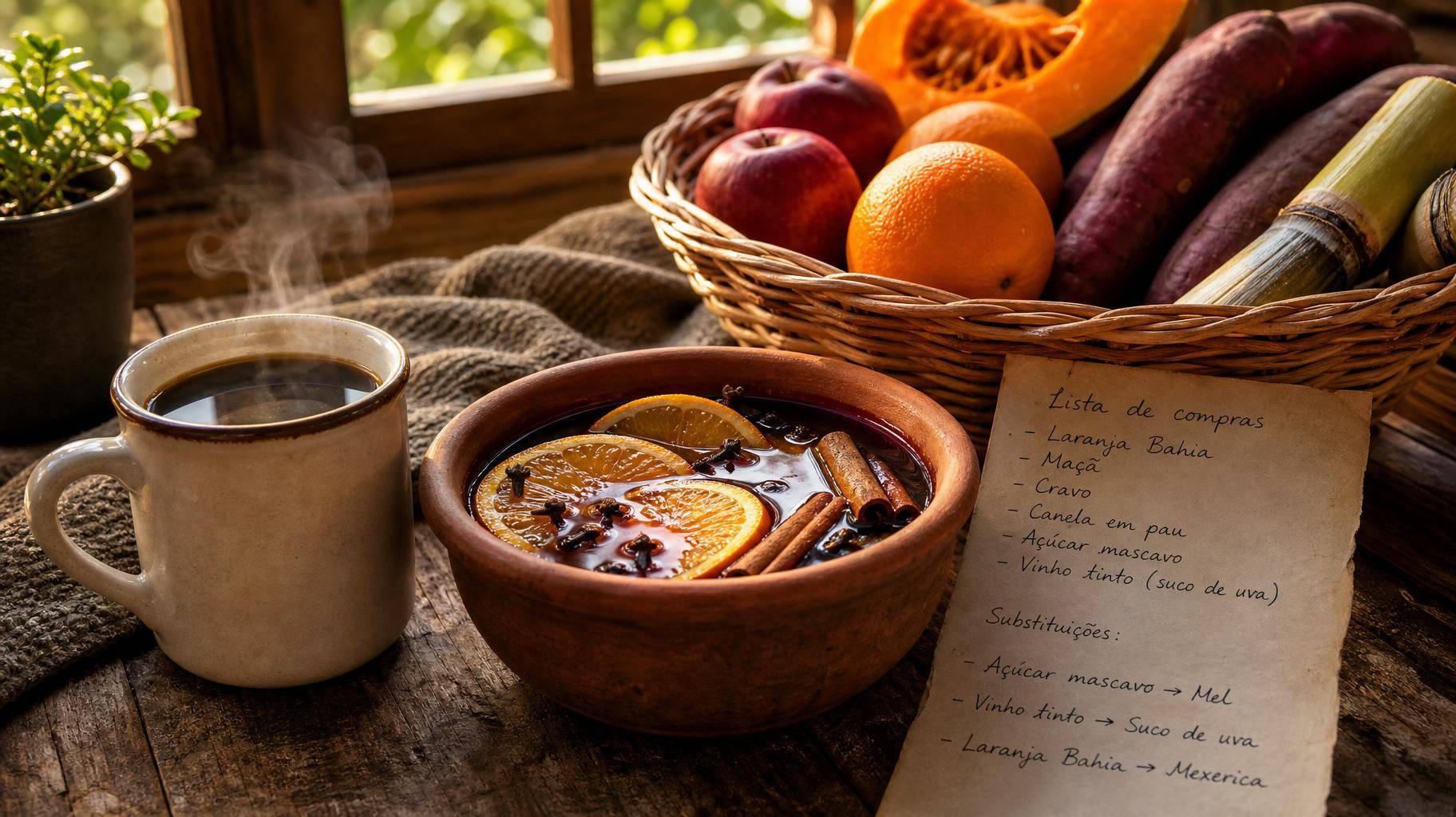 Cena de mesa rústica de inverno com café coado e vinho quente sem álcool.