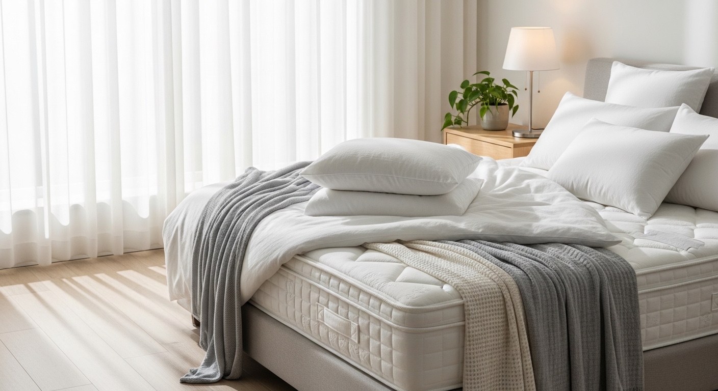 Quarto iluminado pela manhã com colchão premium e roupa de cama aconchegante