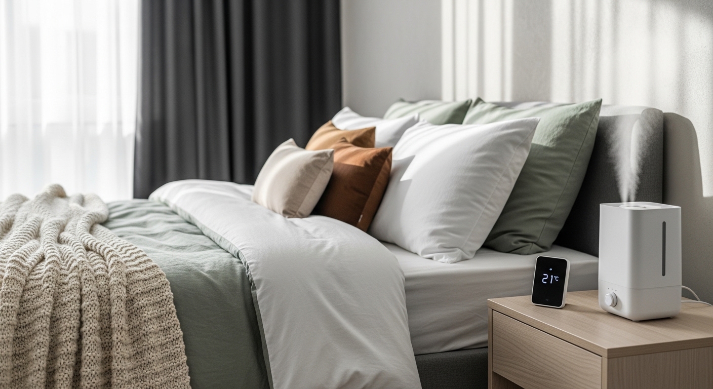 Quarto moderno com cama dupla e roupa de cama sazonal, termostato e umidificador