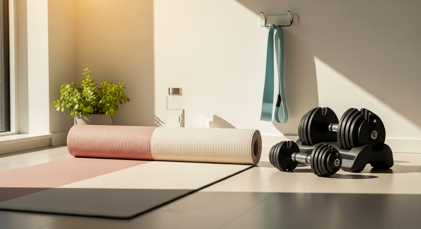 Espaço de treino em casa com tapete, halteres e elásticos
