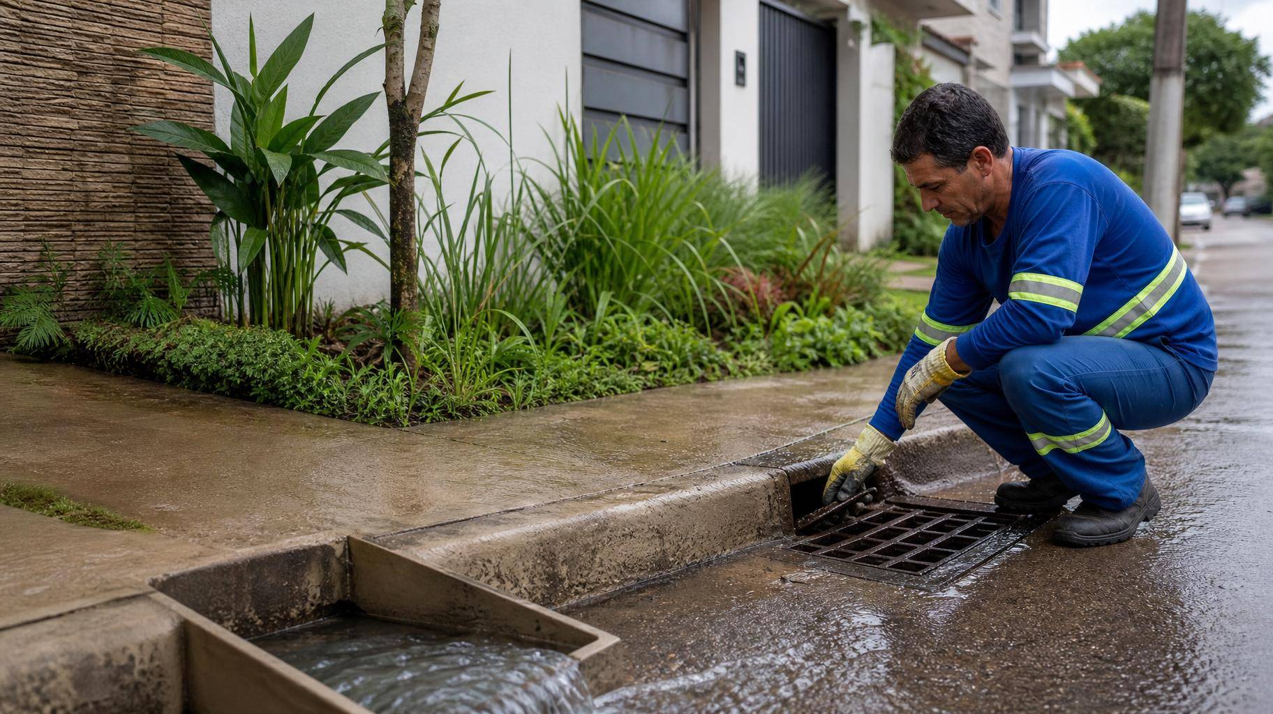 Operário limpando boca de lobo em rua residencial com jardim de chuva