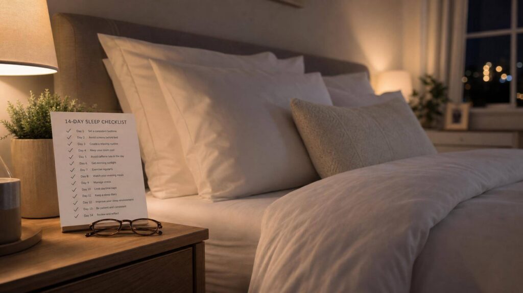 quarto sofisticado com cama premium e checklist de sono