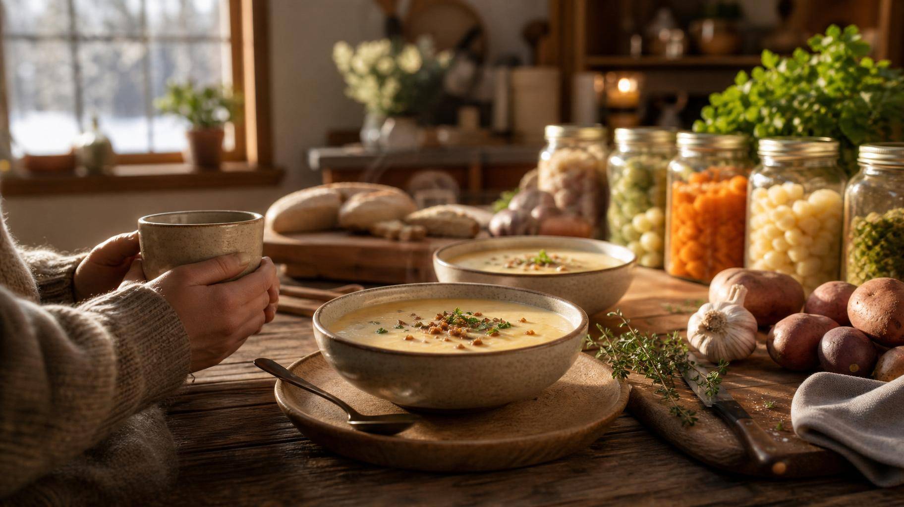 Tigela de sopa cremosa em mesa de madeira em cozinha aconchegante de inverno