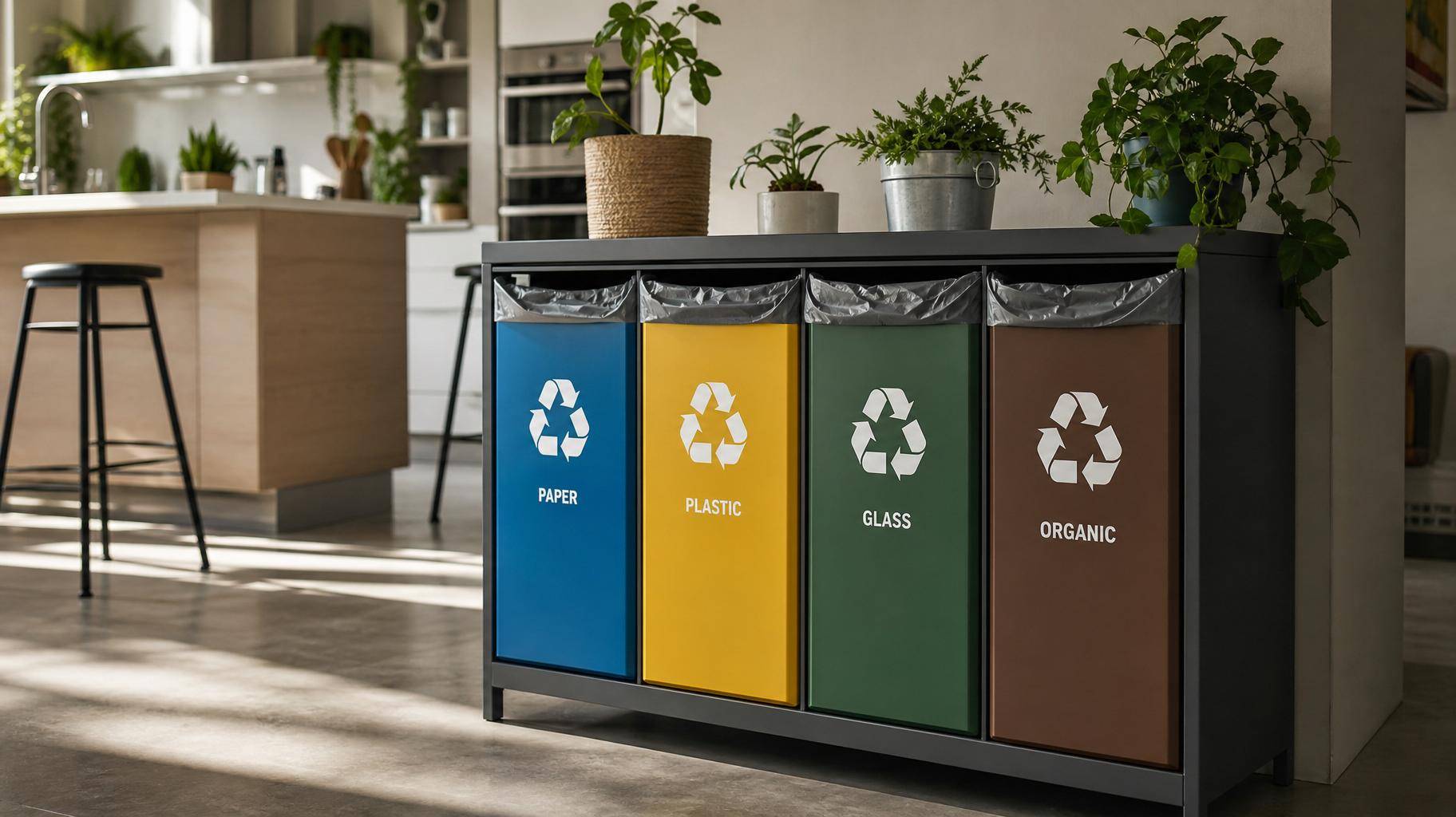 Estação de reciclagem com lixeiras coloridas e etiquetadas em cozinha moderna