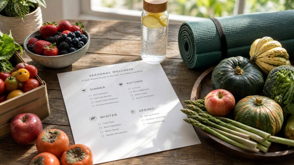 Mesa de madeira com frutas e legumes sazonais e checklist de bem-estar