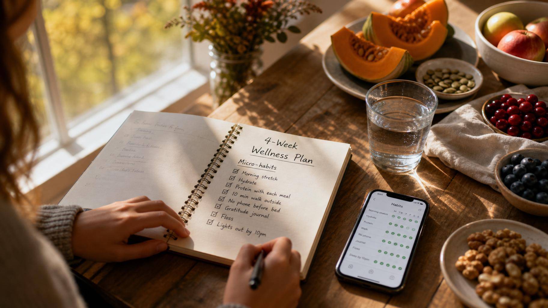 Mesa com alimentos da estação e checklist de plano de bem-estar